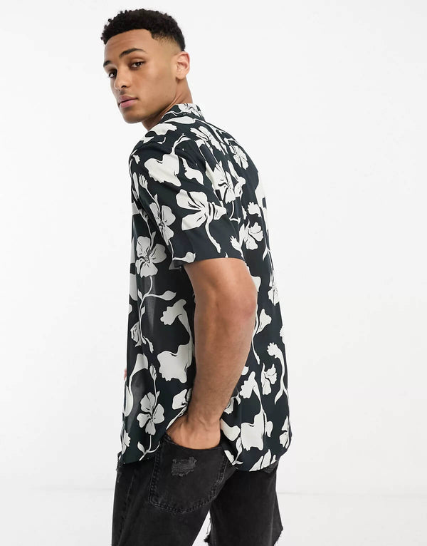 Black Floral Print Revere Collar Shirt