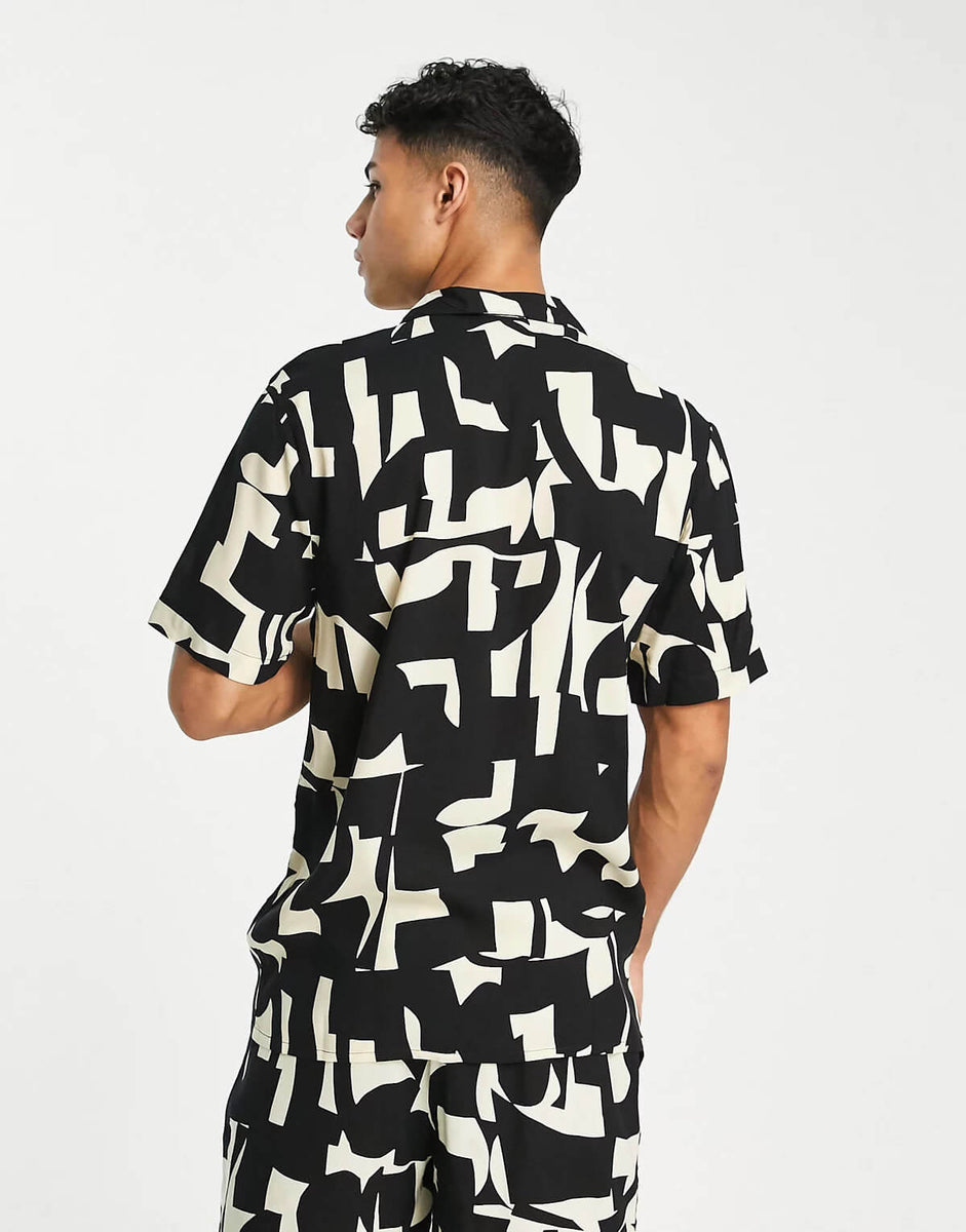 Lindex resort printed shirt co-ord in black and white