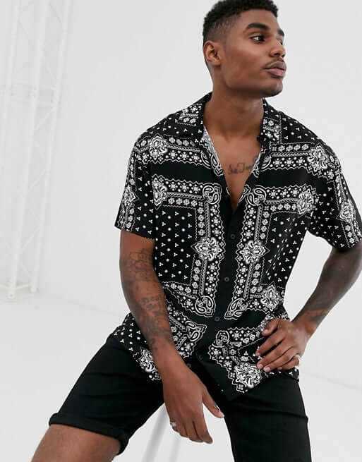 Men Black Designer Printed  Short Sleeve Shirt