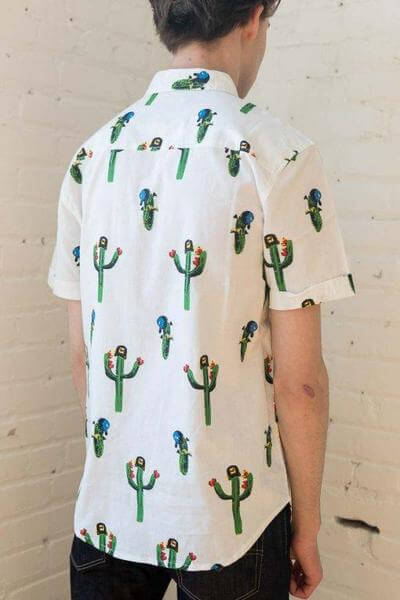 Men Cactus With Hat Woven Button Up Short Sleeve Shirt