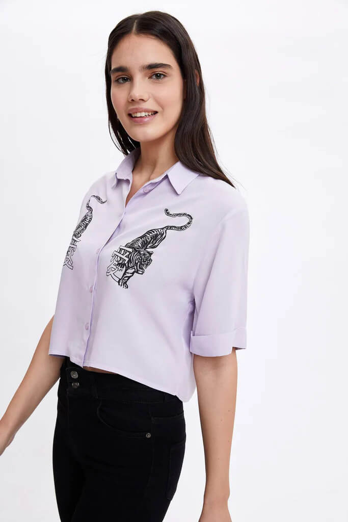 Women Purple Tiger Printed Crop Shirt