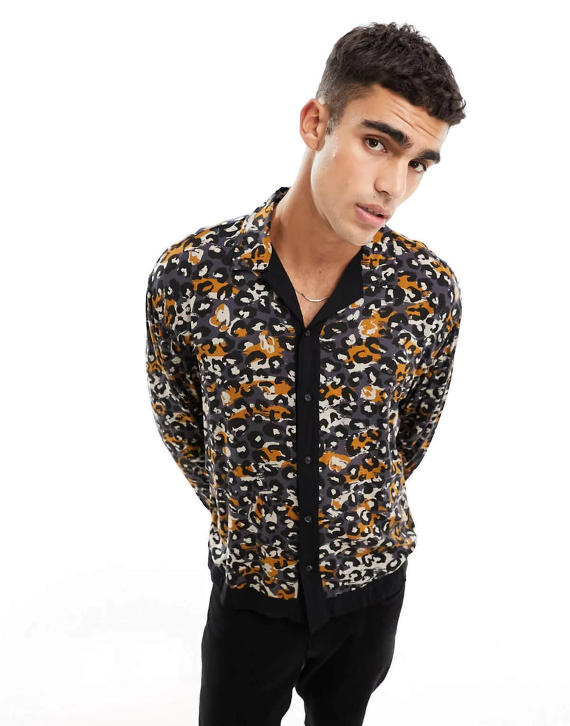 Abstract Leopard Print with Border Black  Shirt