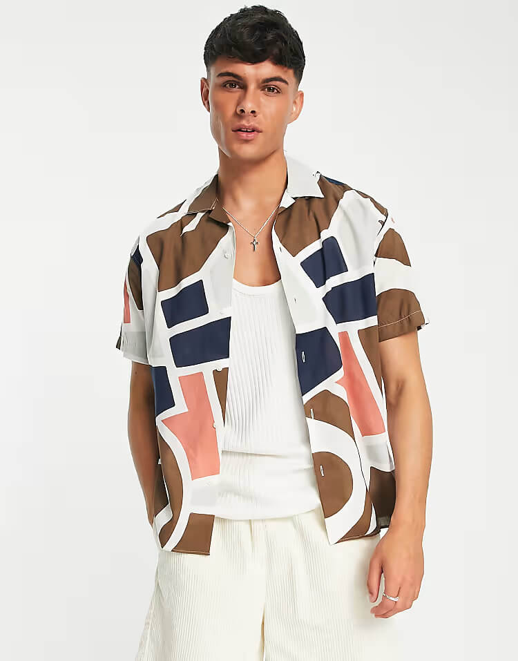 Abstract Print Camp Collar Brown Shirt