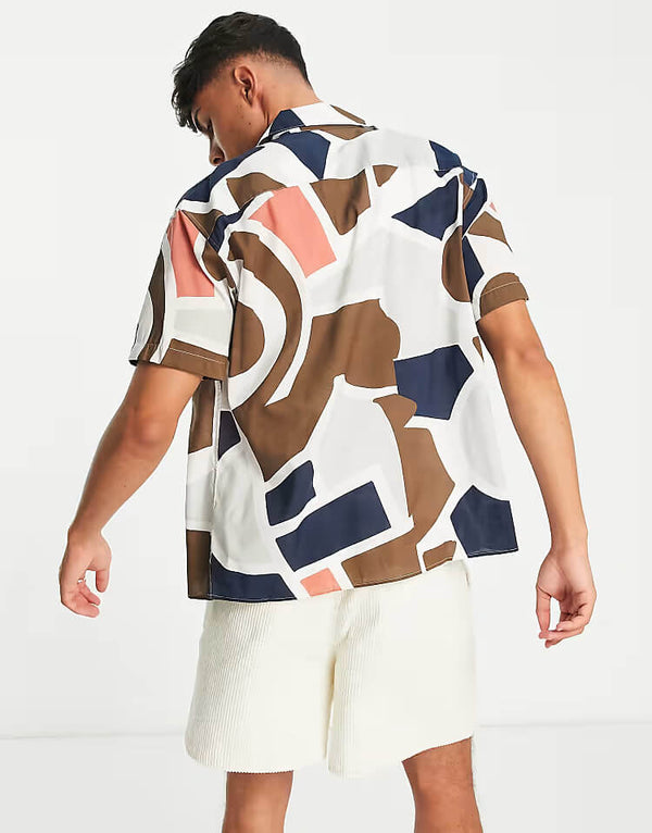 Abstract Print Camp Collar Brown Shirt