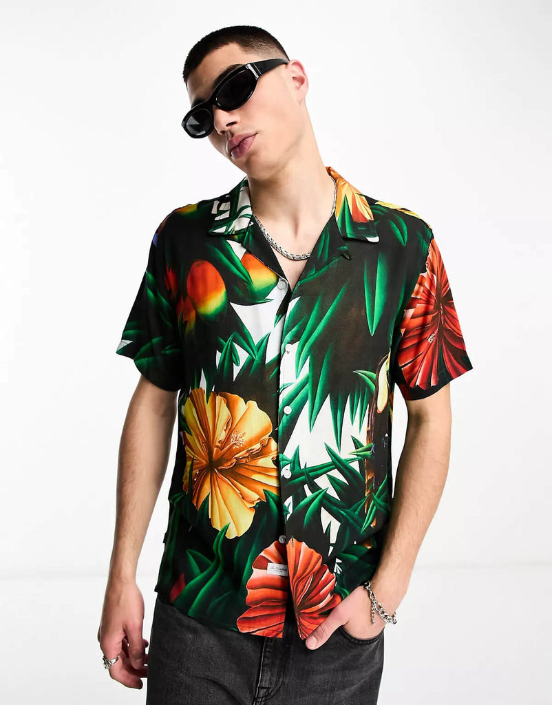 All Over Tropical Print Revere Collared Shirt