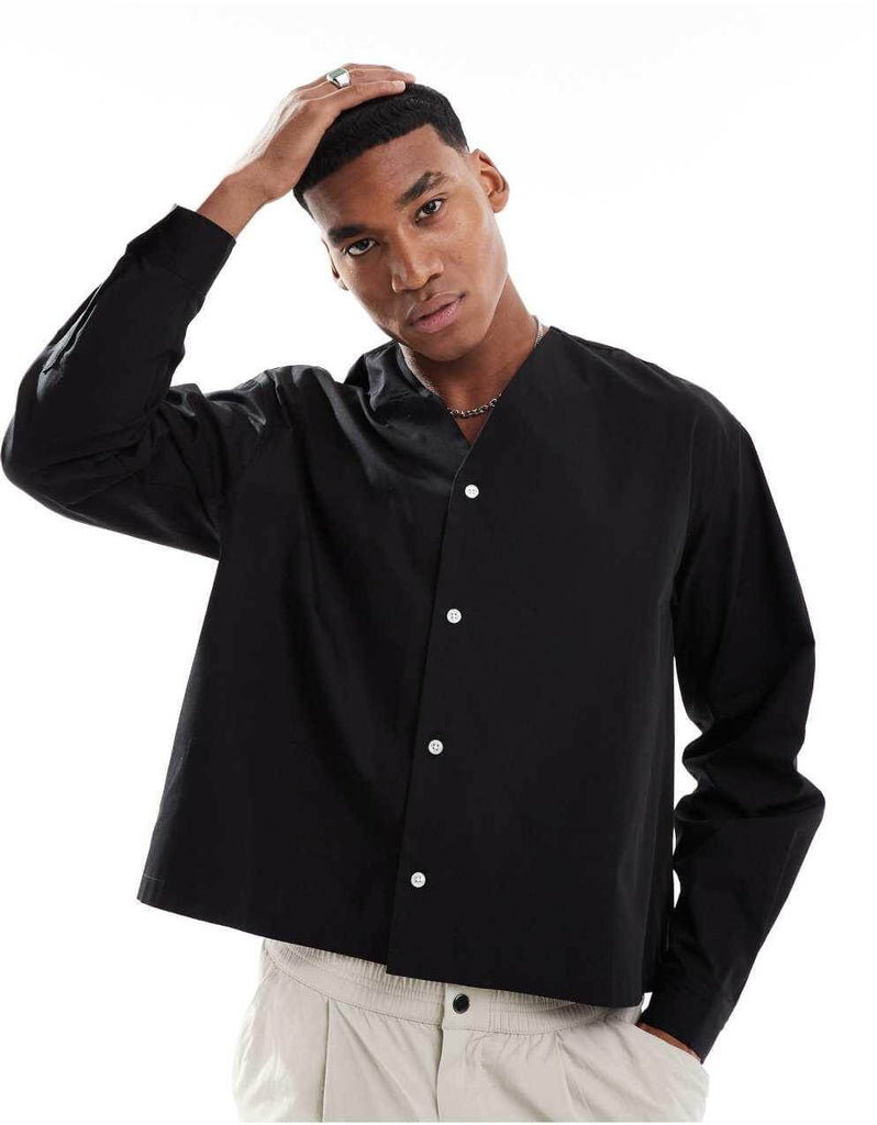 Baseball Collar Black Cotton Shirt