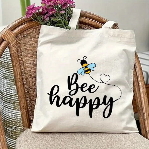 Bee Happy Canvas Zipper Tote Bag