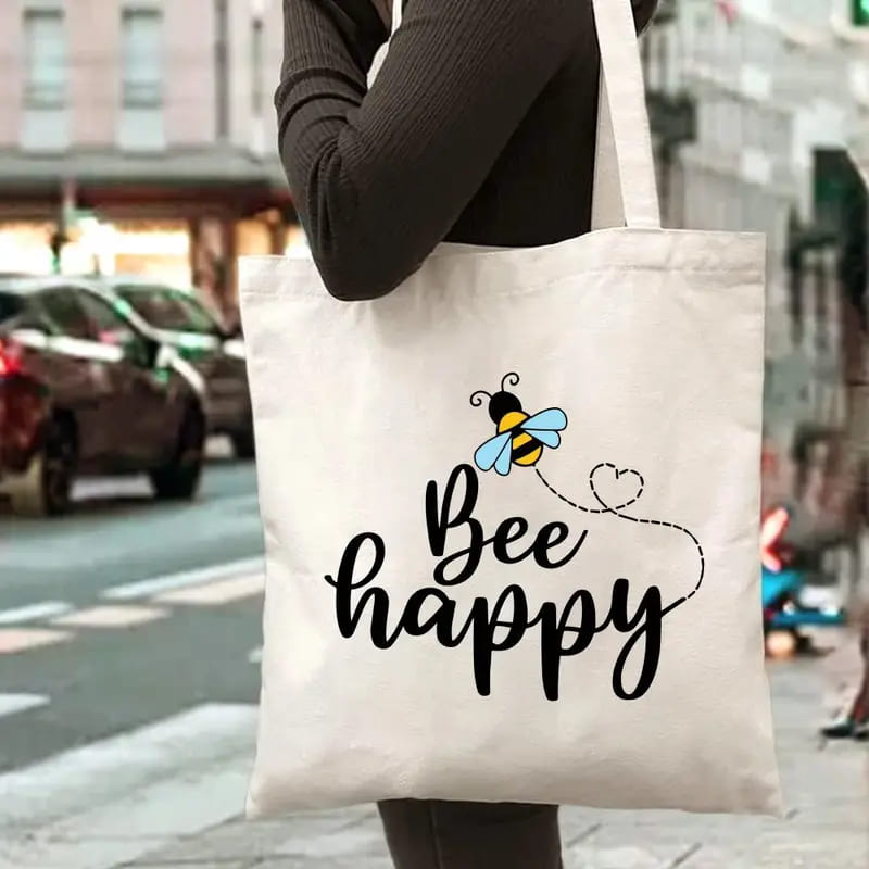Bee Happy Canvas Zipper Tote Bag