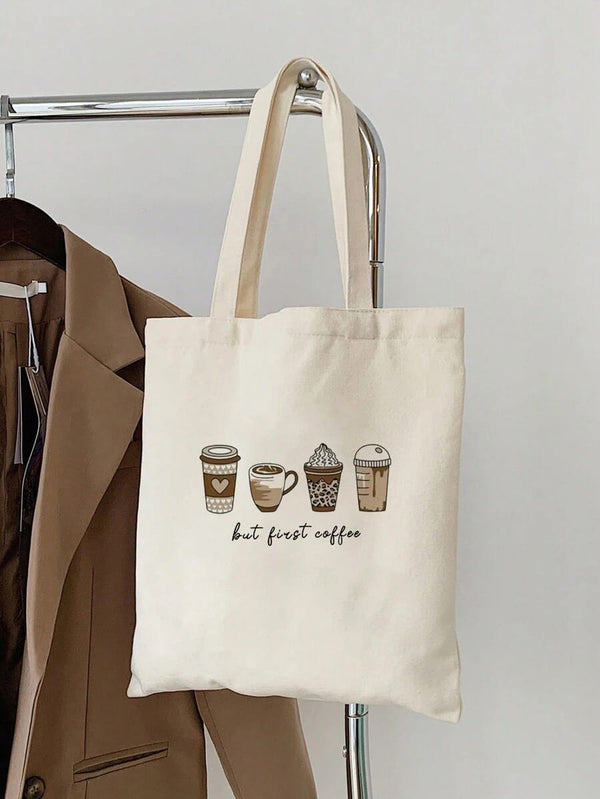 Beige Coffee Printed Zipper Tote Bag