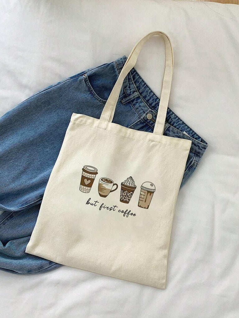 Beige Coffee Printed Zipper Tote Bag