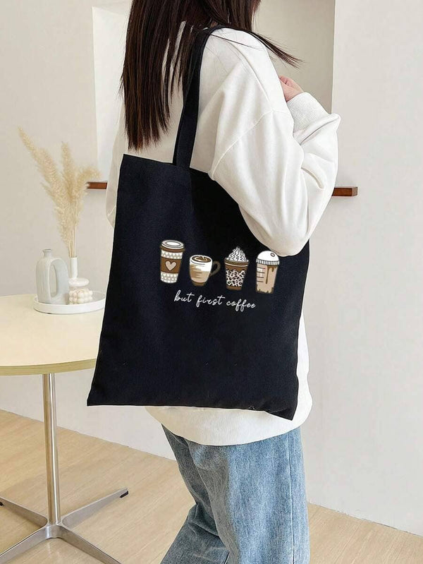Black Coffee Printed Zipper Tote Bag
