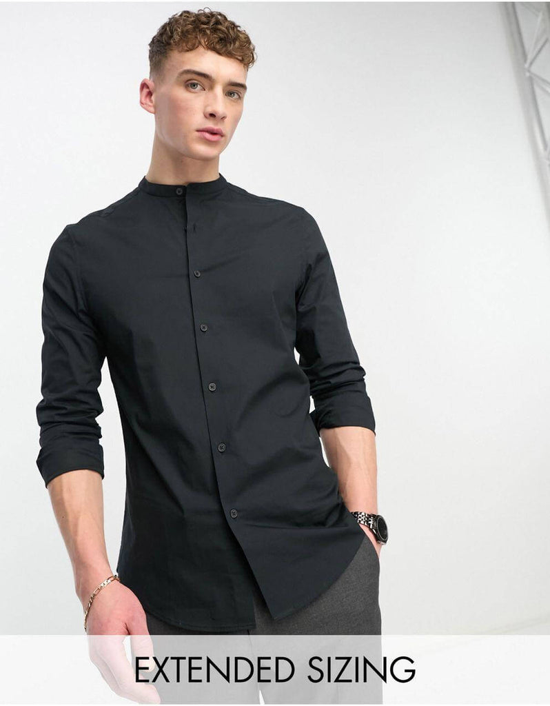 Black Grandad Collar Poplin Shirt