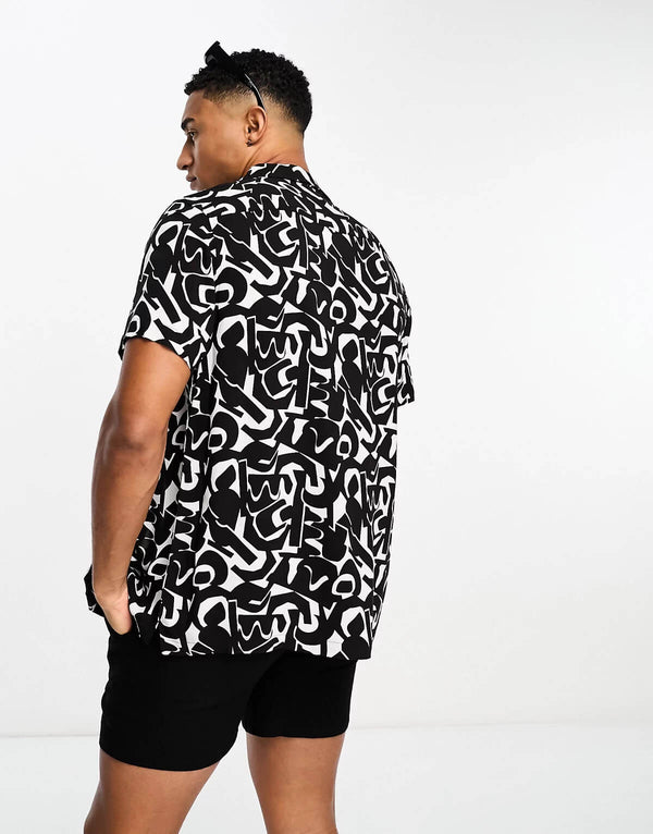 Black New Look Abstract Print Revere Collar Shirt