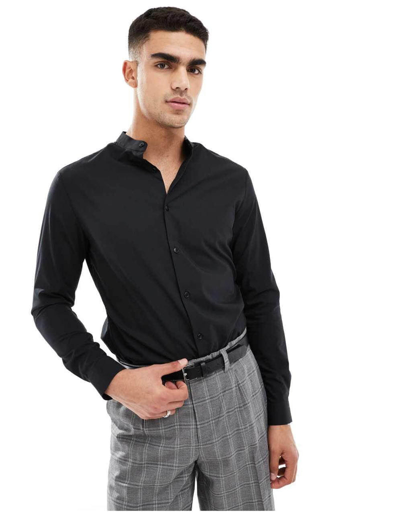 Black Premium Cotton Stand Collar Shirt