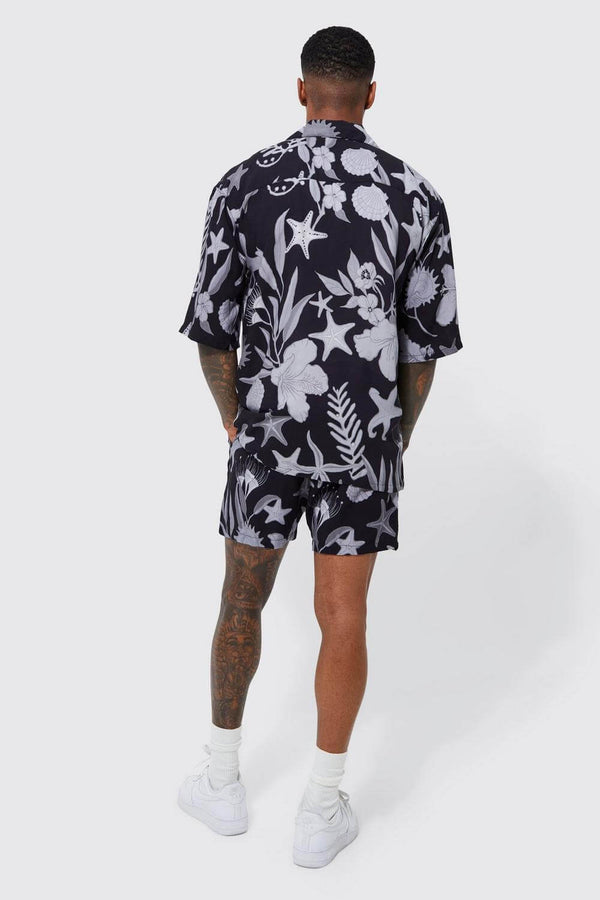 Black Short Sleeve Dropped Revere Floral Co-Ords