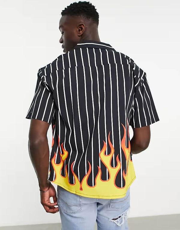 Black & White Vertical Stripes and Flame Printed Shirt