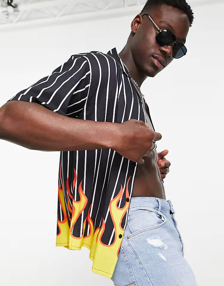 Black & White Vertical Stripes and Flame Printed Shirt