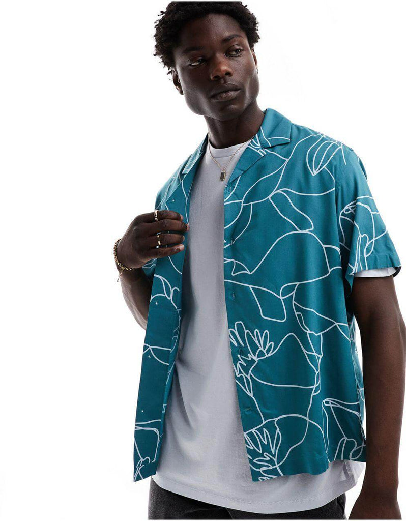 Blue Floral Line Rebel Collar Printed Shirt