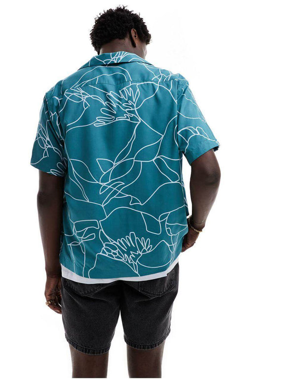 Blue Floral Line Rebel Collar Printed Shirt