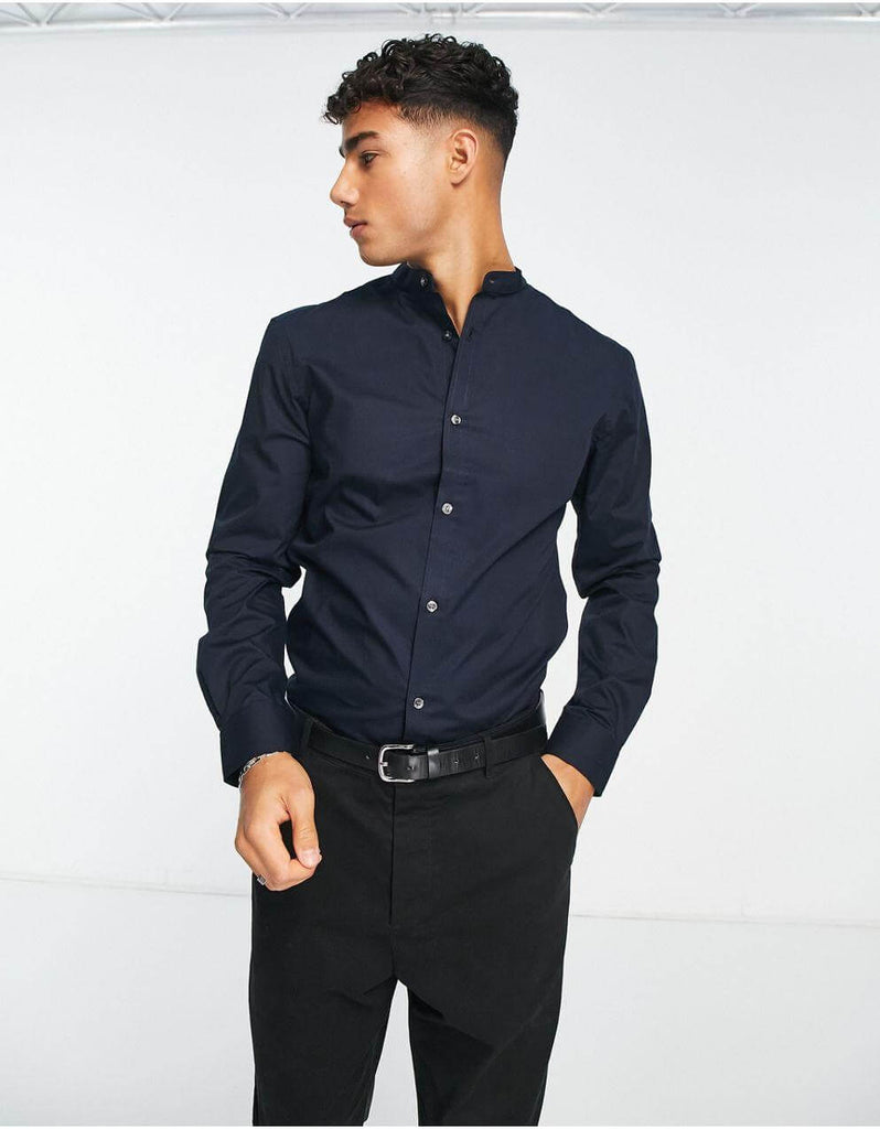 Blue Premium Cotton Stand Collar Shirt