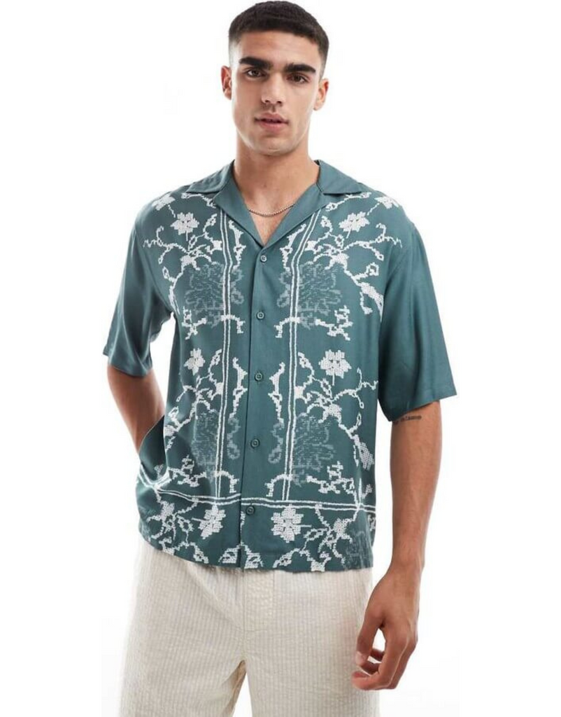 Border Print Teal Floral Shirt