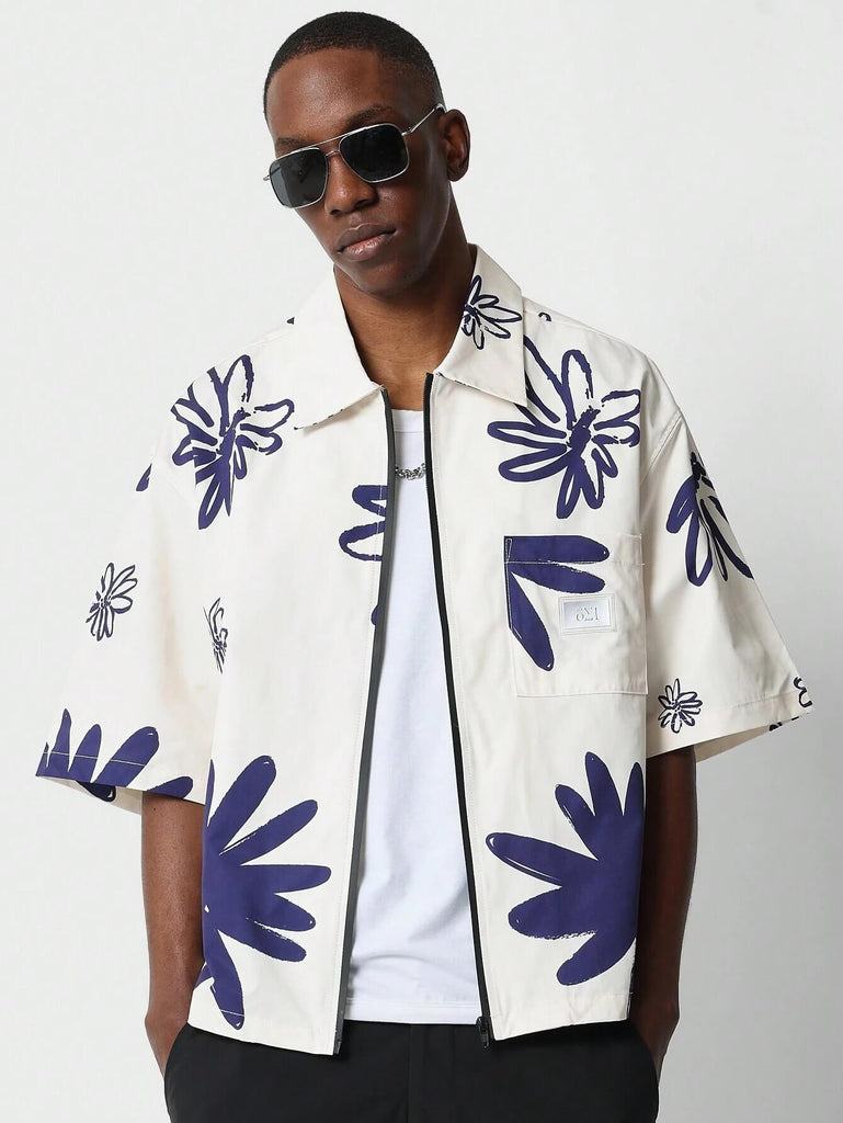 Boxy Fit Zip Through Shirt With All Over Print