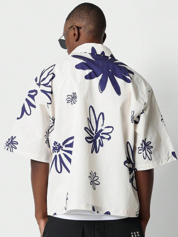 Boxy Fit Zip Through Shirt With All Over Print
