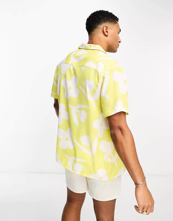 Bright Yellow Floral Print Relaxed Revere Shirt