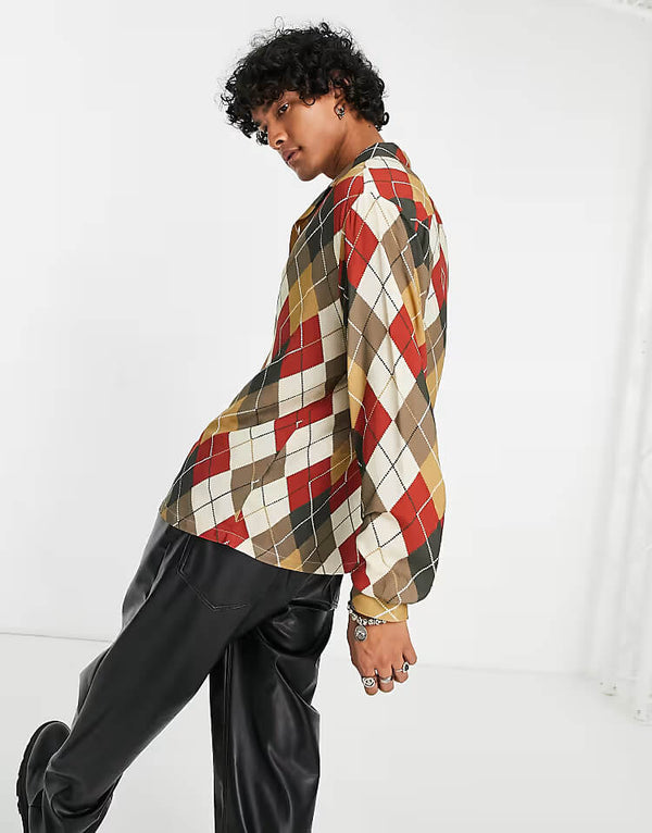 Brown Argyll Check Relaxed Revere Long Sleeve Shirt