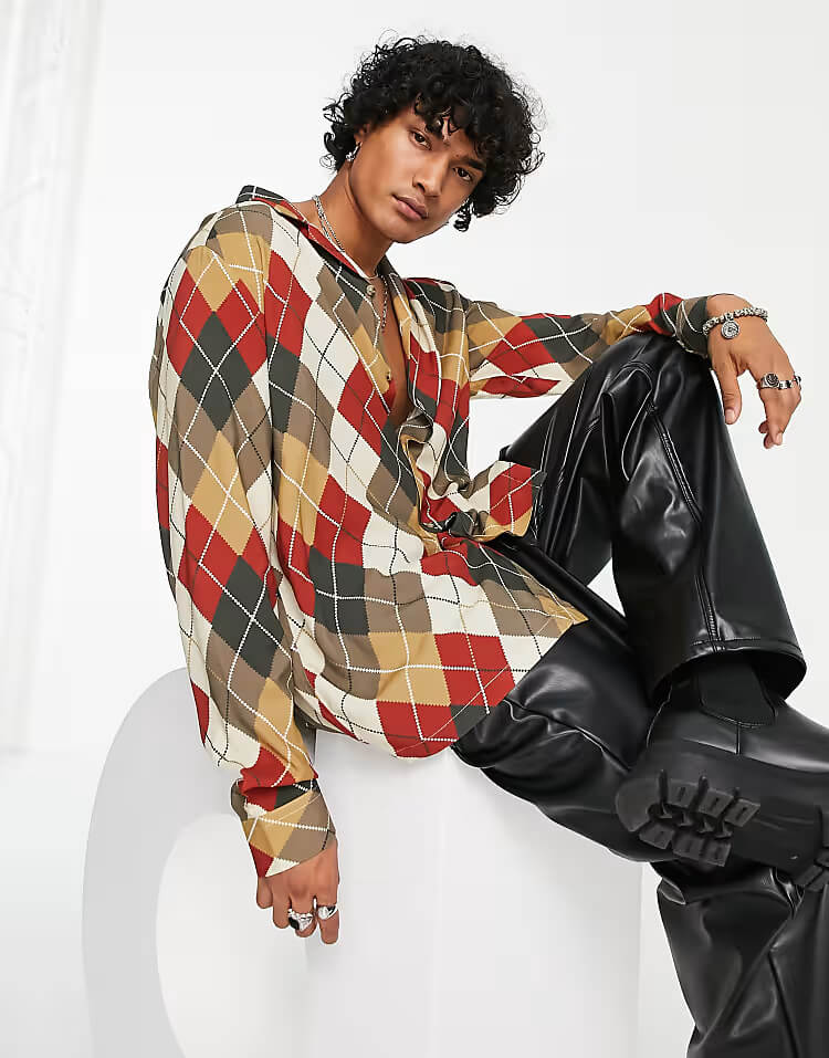 Brown Argyll Check Relaxed Revere Long Sleeve Shirt