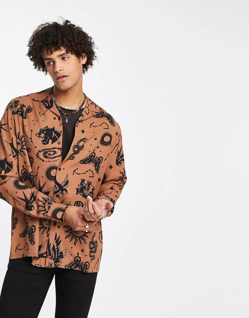 Brown With Celestial Print Relaxed Revere Shirt