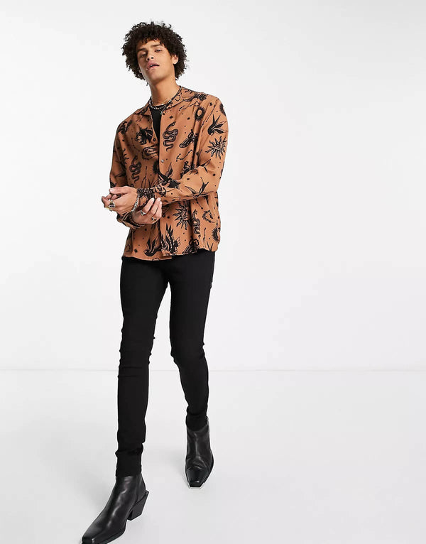 Brown With Celestial Print Relaxed Revere Shirt