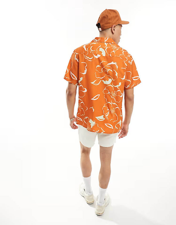 Camp Collar Orange Floral Printed Shirt