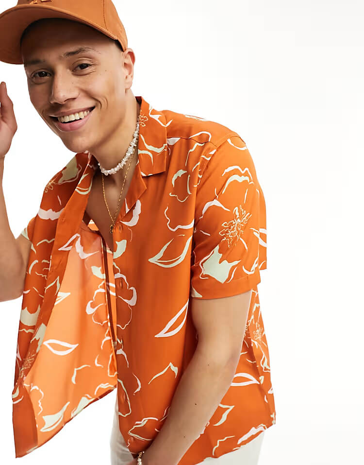 Camp Collar Orange Floral Printed Shirt