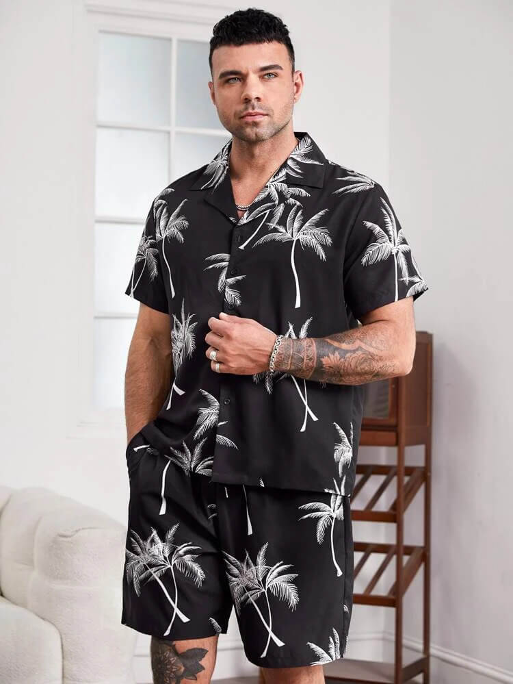 Extended Sizes Men Palm Tree Print Co-Ords
