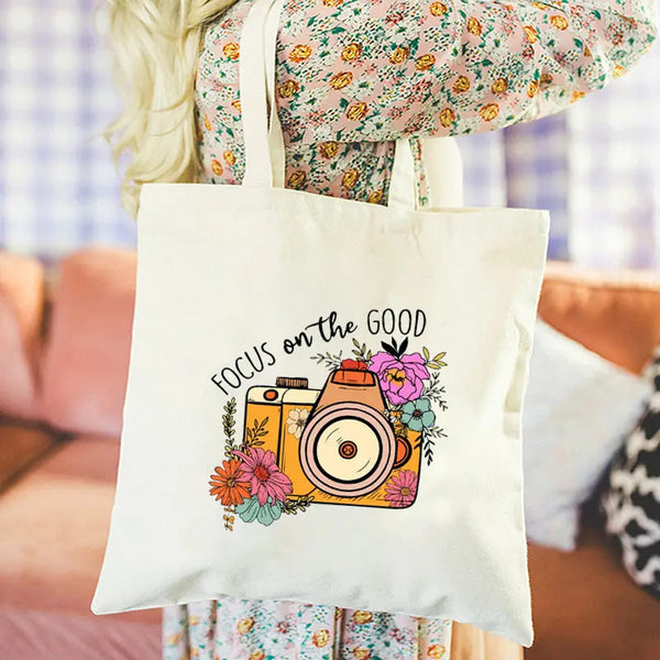 Focus On The Good Floral Camera Print Zipper Tote Bag