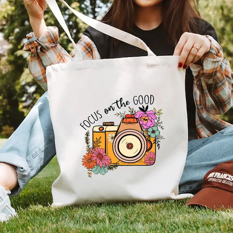 Focus On The Good Floral Camera Print Zipper Tote Bag