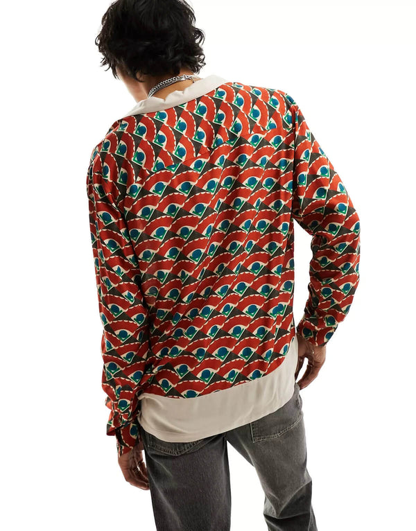 Geo Print With Cut and Sew Border Revere Long Sleeve Shirt