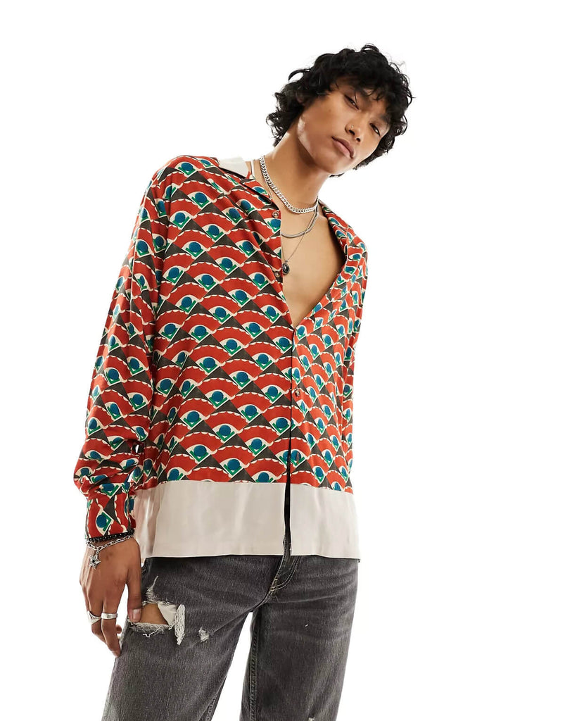 Geo Print With Cut and Sew Border Revere Long Sleeve Shirt
