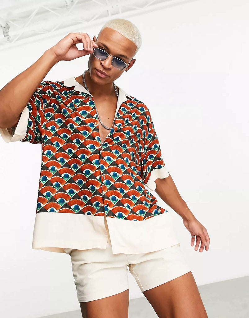 Geo Print With Cut and Sew Border Revere Shirt