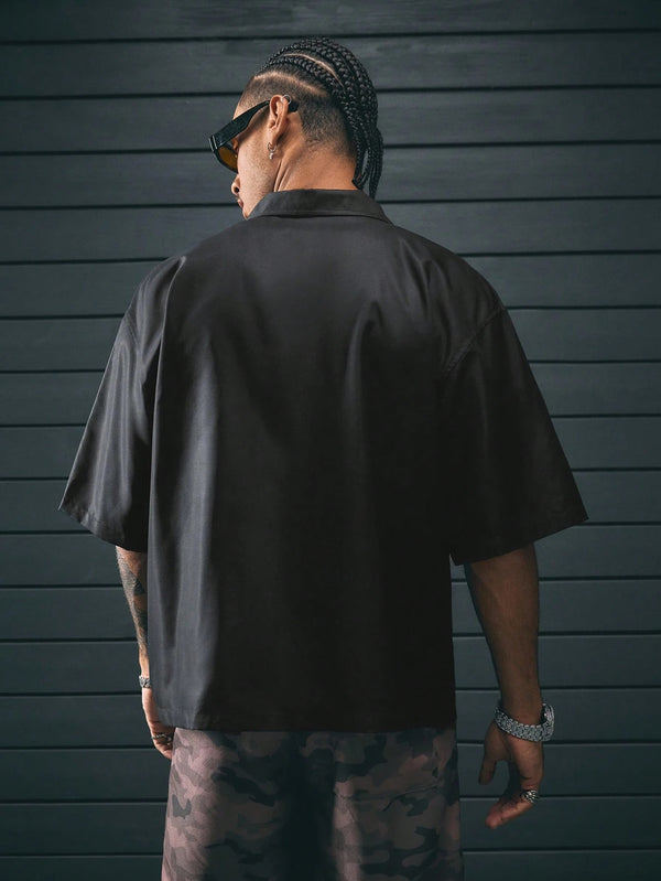 Gothic Printed Short Sleeve Turndown Collar Zip Up Front Regular Fit Men Shirt