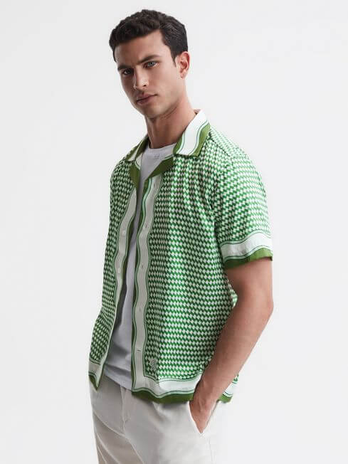 Green Cuban Collar Designer Short Sleeve Shirt