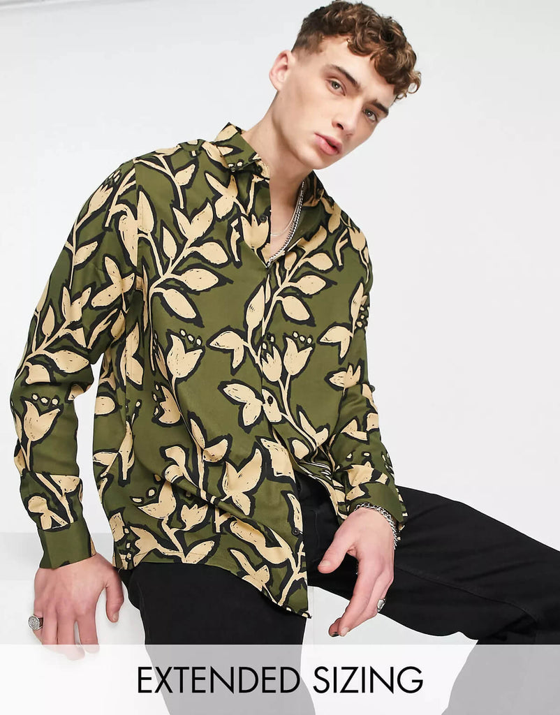 Green Leaf Printed Long Sleeve Shirt