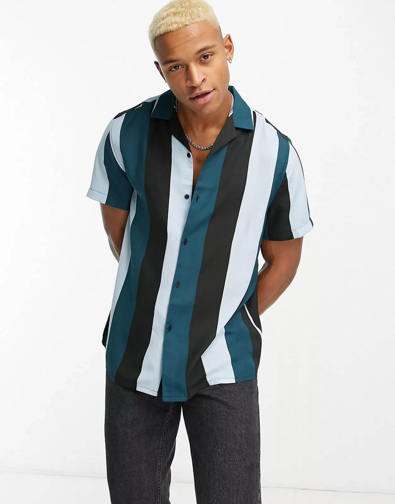 Green Retro Stripe Revival Collar Shirt