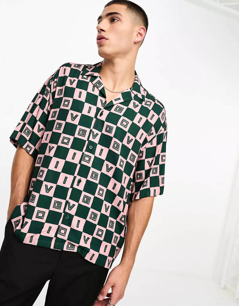 Green & Pink Checkerboard Printed Shirt