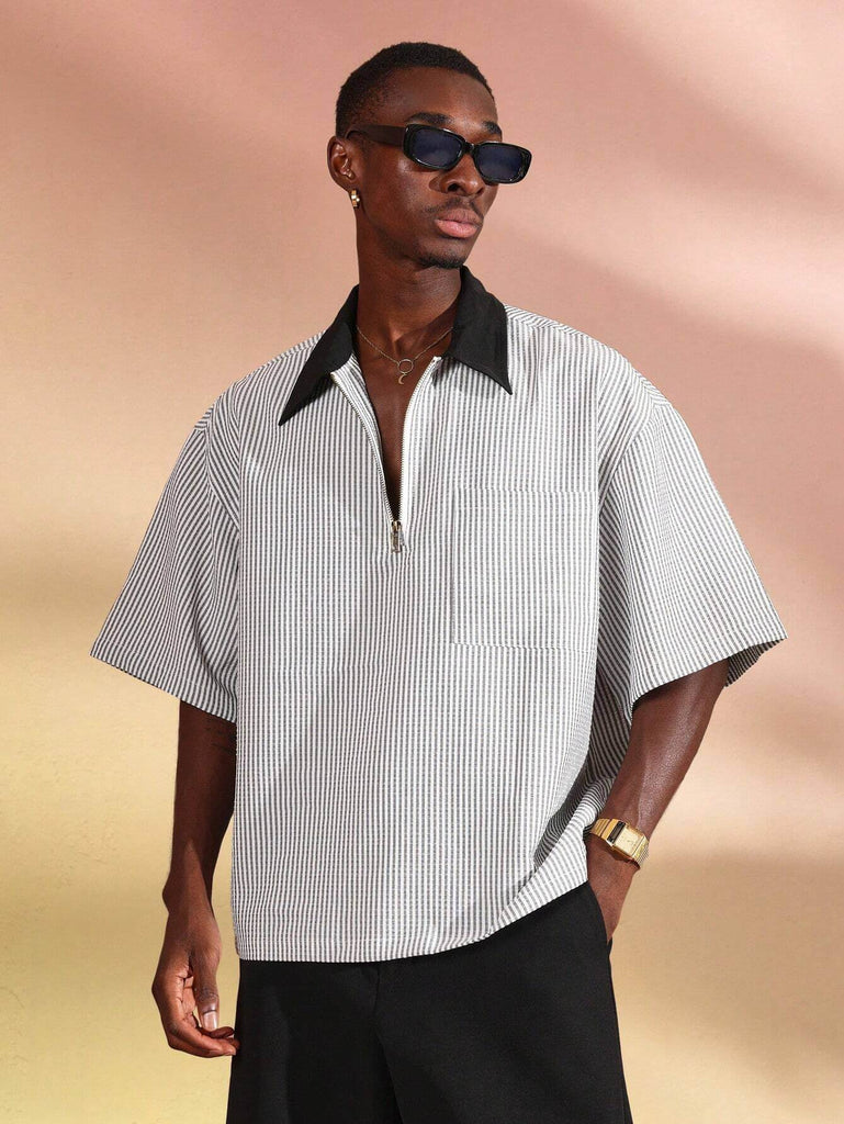 Half Zipper Polo Casual Vertical Striped Classic Shirt