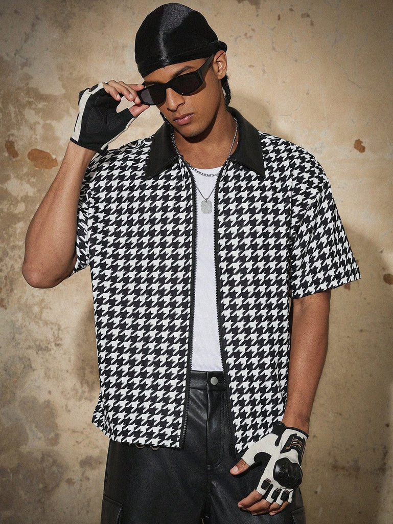 Houndstooth Casual Loose Zip-Up Short Sleeve Shirt