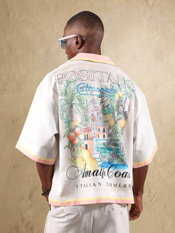 Italian Coastal Resort Shirt Beach Club Positano Amalfi Print Vacation Button Down Camp Collar Summer Holiday Wear