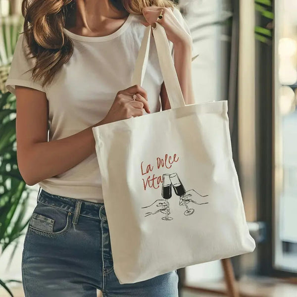 La Vie print Canvas Zipper Tote Bag