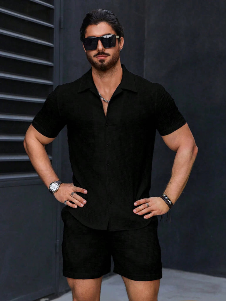 Men Black Slight Stretch Short Sleeve Co-Ords